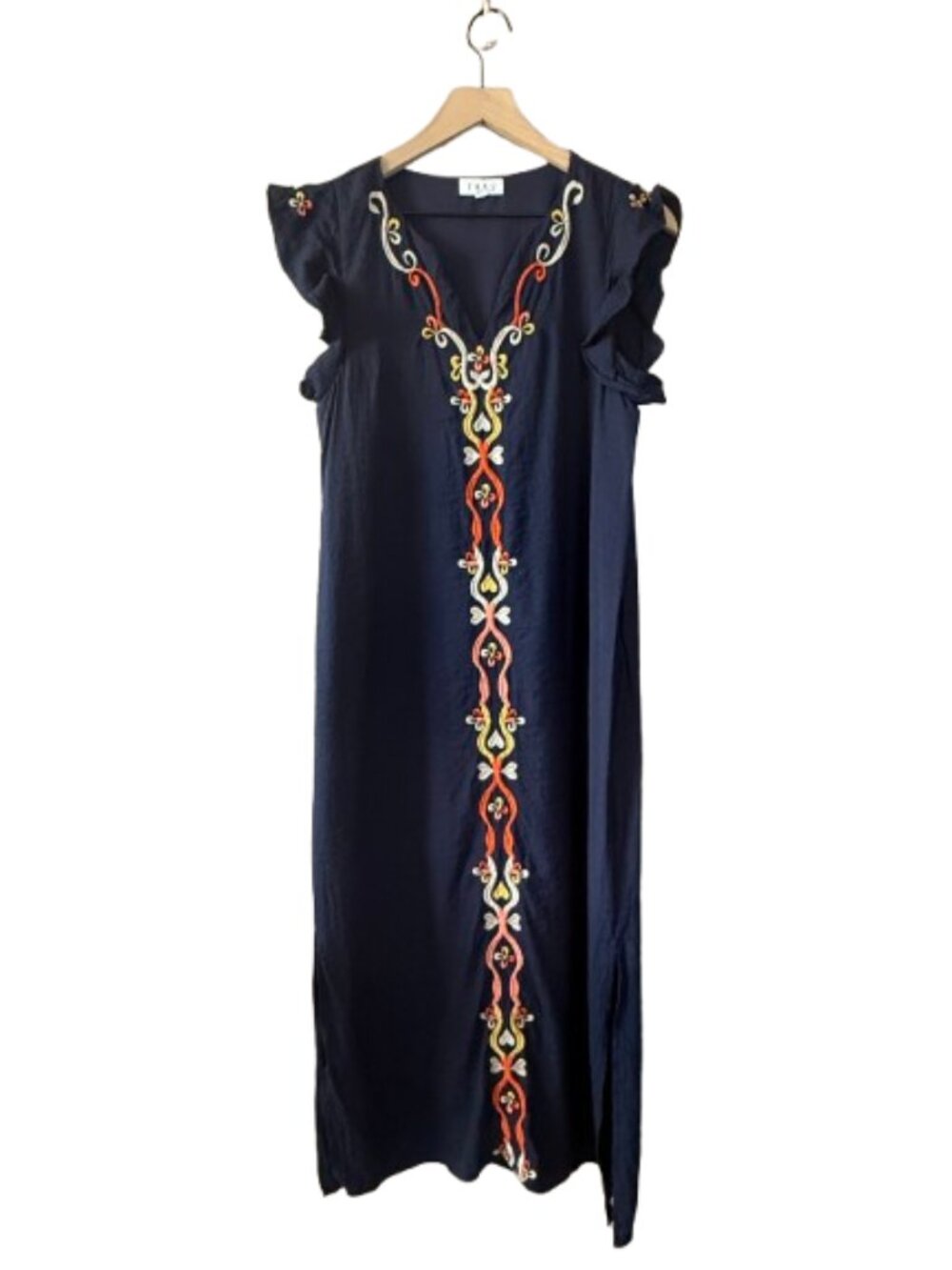 Women's M THML Embroidered Boho Flutter Sleeve Maxi Dress in Navy